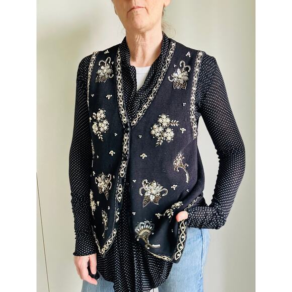 Embellished 90s Sweater Vest Vintage Black Knit with Gold Beads Size Medium - Picture 4 of 9